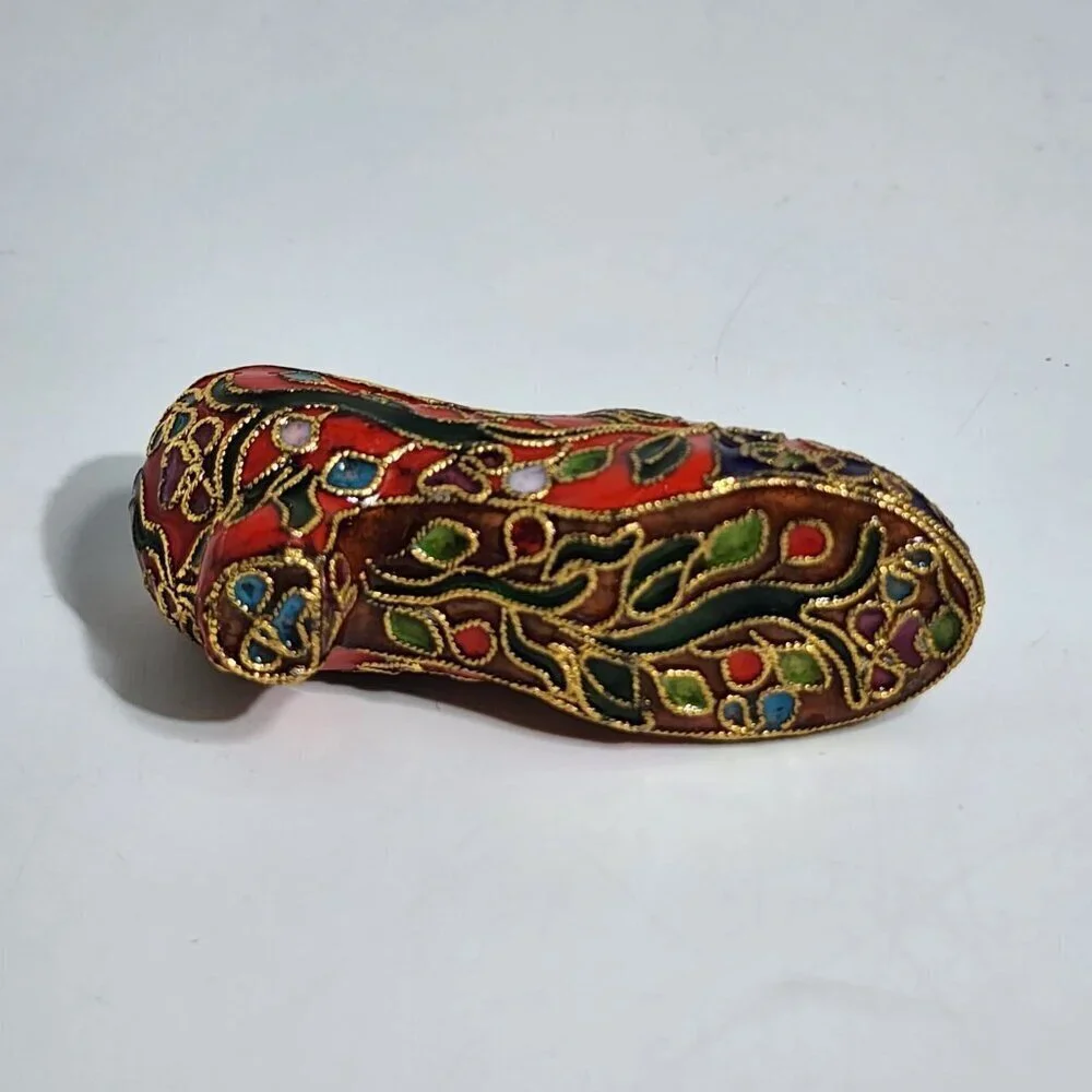 Enameled Cloisonne Miniature Shoe With Floral Design & Gold Detailing